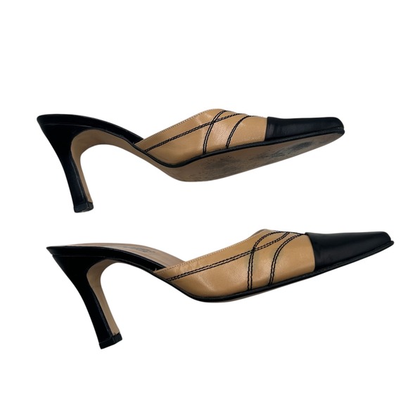 Renetti Women Luna Black and Tan Leather Pointed Toe Mules Heels Shoes Size 6.5M - Picture 8 of 11